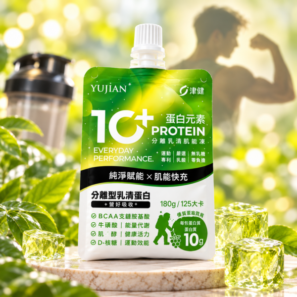 分離乳清蛋白機能凍綠色包裝情境設計圖